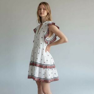 Marie Oliver XXS Embroidered White Orange Dress Boardwalk Old Money Preppy Boho